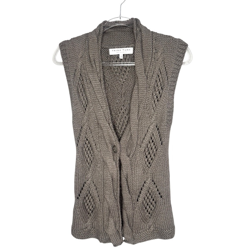 Trina Turk Cable-Knit Cardigan Sweater Vest S Alpaca Blend Granola Earthy